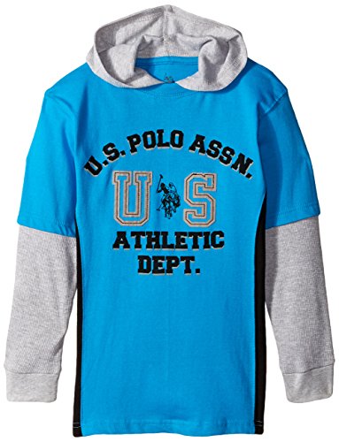 U.S. Polo Assn. Big Boys' Cut and Sew T-Shirt Thermal Hang Down with Hood, Teal Blue, 10/12