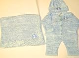 Knitted on Hand Knitting Machine Trimmed By Hand Crochet Infant Boys Outfit Made of Blue Chenille Denim Cotton Tweed Cardigan, Pant Hat Set Trimmed with Blue Car Patch and Matching Blanket
