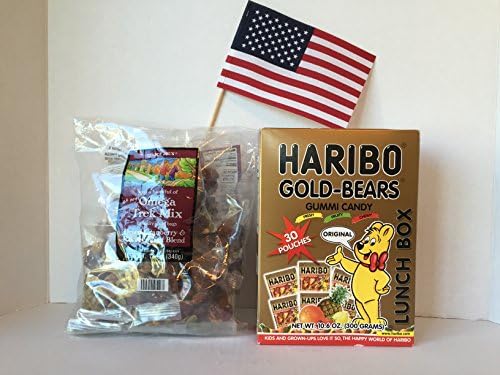 Trader Joe's Just a Handful of Omega Trek Mix, Individual Bags (10) (Contains: Omega Fortified dried Cranberries, Almonds, Walnuts, Roasted Pumpkin Seeds, Pecans, and Pistachios) & Haribo Gold-Bears Gummi Candies- Individual 30 snack sized pouches Plus a Bonus Free Patriotic American Flag