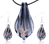 Gray/black Leaf Dichroic Pendant And Earring Murano Glass Jewelry Set