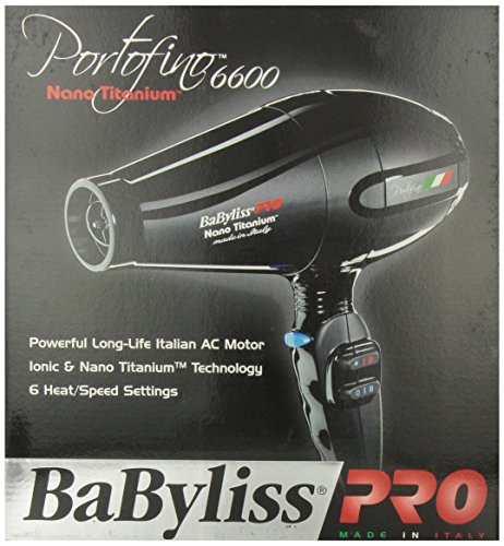 BaByliss Pro BABNT6610 Portofino 6600, 2000-Watt Nano Titanium Ionic Hair Dryer, Black