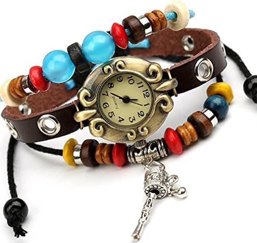 Boho Chic Vintage Leather Rope Bracelet Quartz Watch with Silver Bell (Brown)