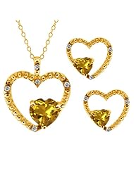 1.71 Ct Heart Shape Yellow Citrine 14k Yellow Gold Pendant Earrings Set