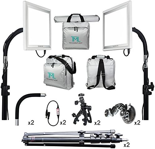 The Makeup Light Key Light Master Package, Nickel / White with 2 Stands, 2 Adjustable Goosenecks, 2 Clamp Mounts, 2 Suction Mounts, and Carry Bag