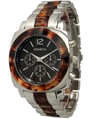 328 Geneva Silver w/ Tortoise Shell Look Accented Chronograph Analog Watch