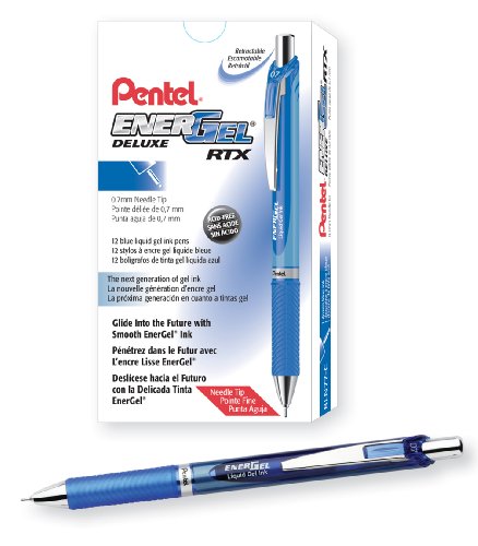 Pentel EnerGel Deluxe RTX Retractable Gel Pen, 0.7mm Needle Tip, Blue Barrel Blue Ink, Box of 12 (BLN77-C)