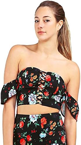 Jealous Tomato Women's Rose Print Bustier Style Crop Top (M, Black)