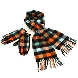 Softer than Cashmere? Scarf Gloves Set Plaid Turquoise Orange with Multiple Colors