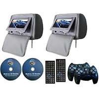 GRAY Color Zipper Pair of Headrest 7 LCD Car Monitors with Region Free DVD player USB SD Inc. Wireless Game Controllers and 32 Bit Games
