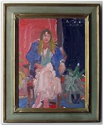Female Figure Seated in Chair, Original 1985 Figurative Oil Painting on Board in Vintage Frame By Carmel Artist Victor Di Gesu (1914-1988) - Framed Artwork