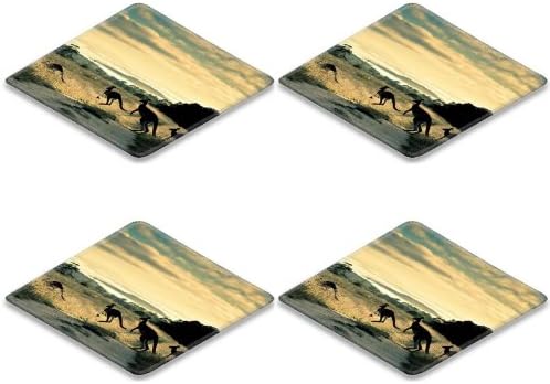 Kangaroo Animals Wildlife Savanna Nature Trail Square Coaster (4 Piece) Set Fabric Rubber 5 Inch Size Liil Coaster Cup Mug Can Water Bottle Drink Coasters Stain Resistance Collector Kit Kitchen Table Top Desk