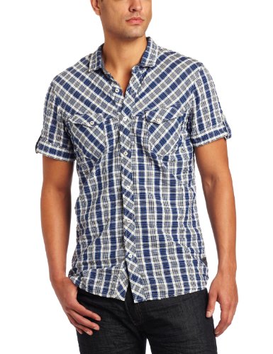 J.C. Rags Mens Tied Check Short Sleeve Button Up Shirt, Ink Blue, Small