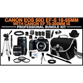 Canon EOS 60D 18MP CMOS EF-S 18-55mm SLR Digital Camera Professional Bundle Kit with Canon EF 70-300mm f/4-5.6 IS USM Lens includes: Charger, x3 LP-E6 Batteries, x2 32GB SD Cards, All In One Card Reader, 6ft HDMI Cable, 57 Tripod, Mini Tripod, Monopad, Cleaning Kit