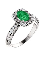 14K White Gold 7.00x5.00mm Oval Cut Emerald and Diamond Ring -- LIFETIME WARRANTY