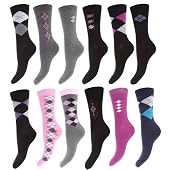 Clearance: Womens Premium Quality Combed Cotton Casual Argyle & Stripe Socks (Pack Of 12)