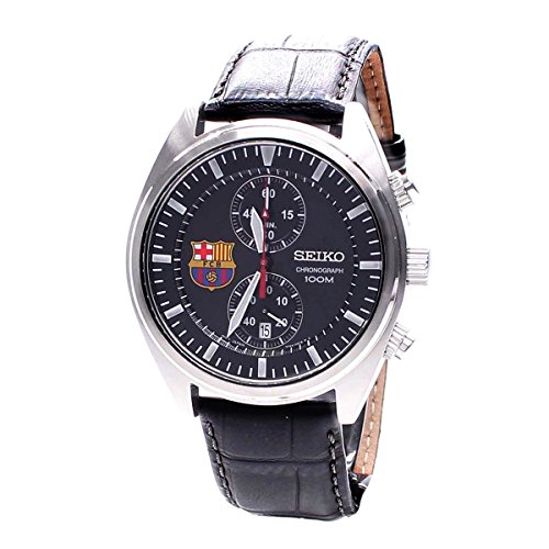 Seiko Barcelona Football Club Chronograph Black Dial Black Leather Mens Watch SNN269