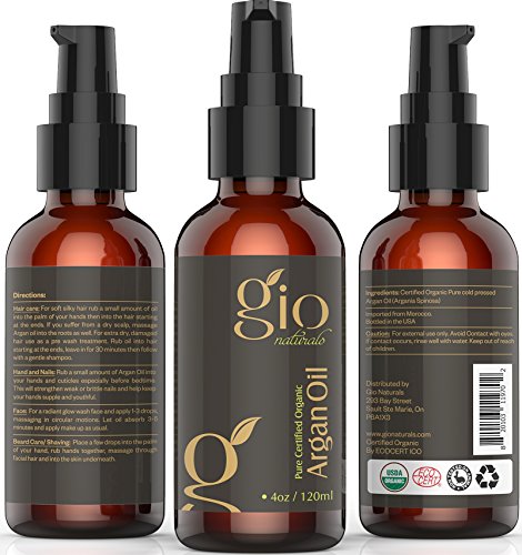 Organic Moroccan Argan Oil For Hair, Face, Skin, Nails, Beards and tattoos. Premium Grade Cold-pressed USDA Certified & Pure Gio Naturals Miracle Oil is for Split Ends, Anti Aging & Brighten Skin