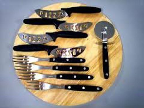 12" Pizza Wood Cutting Board with Cutter Wheel, 4 knives, and 4 forks