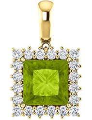 18K Yellow Gold 8.00x8.00mm Princess Cut Peridot and Diamond Pendant -- LIFETIME WARRANTY