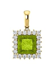 14K Yellow Gold 8.00x8.00mm Princess Cut Peridot and Diamond Pendant -- LIFETIME WARRANTY