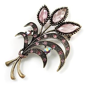 Vintage Orchid Crystal Floral Brooch (Bronze Tone)