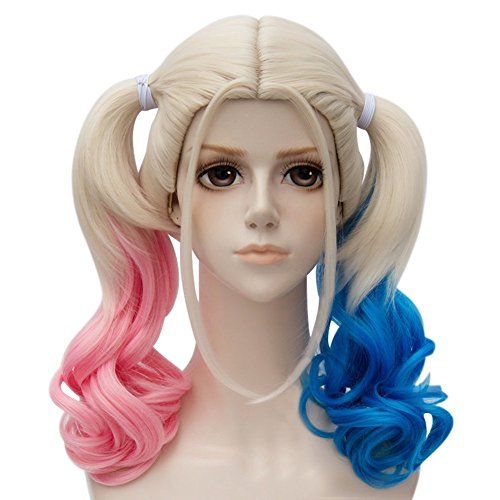 Netgo Suicide Squad Harley Quinn Cosplay Wigs Medium Length Pink Blue Gradient Halloween Wigs Lolita Style Wigs with Ponytails
