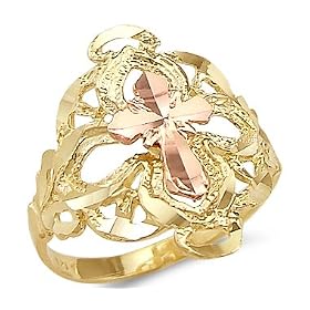 14k Yellow and Rose Two Tone Gold Cross Religious Ring