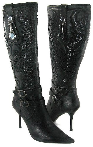 Trapunto-stitched Artful Phoenix Bird Gem Stone Stiletto Boots