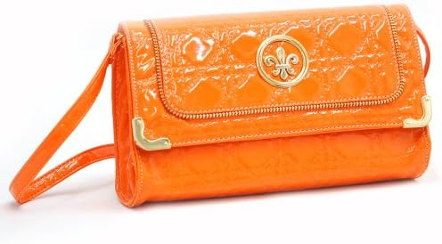 Dasein Patent Quilted Stich Clutch w/ Zipper Trim Accents & Fleur De Lis -Orange