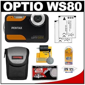 Pentax Optio WS80 Waterproof Digital Camera (Black/Orange) + (2x) Spare D-LI88 Battery Packs + Case + Accessory Kit