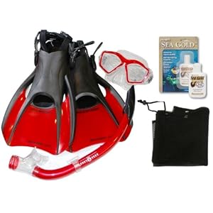US Divers Fins, Splash Top Snorkel, Red Mask, and Bag Set Snorkeling Swim Swimming Authorized Dealer Full Warranty - L-XL
