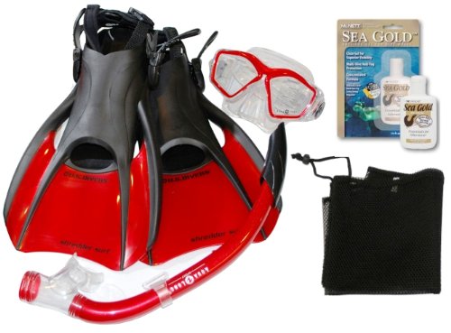 US Divers Fins, Splash Top Snorkel, Red Mask, and Bag Set Snorkeling Swim Swimming Authorized Dealer Full Warranty - L-XL