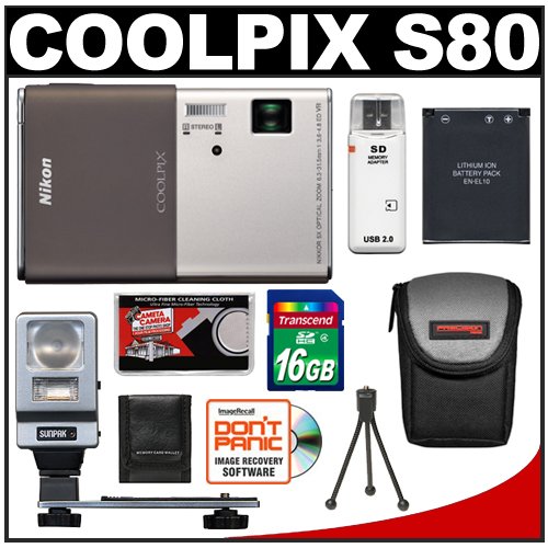Nikon Coolpix S80 14.1 MP Digital Camera with 3.5-Inch OLED Touch Screen and 5x Wide Zoom-Nikkor ED Lens (Silver and Brown) with 16GB Card + Battery + Flash + Case + Accessory Kit