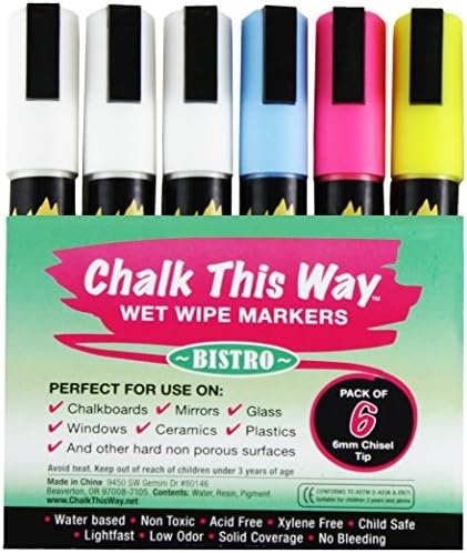 Chalk This Way Bistro Liquid Markers 6 Pack - 48 Chalk Labels Included! For Chalkboards, Store Signs, Message Boards & Labels, As Childrens Drawing Chalks