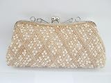 D211C beige Fully Handmade Beaded Evening Prom Handbag Purse Wedding Bag