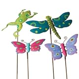 Set of 4 Multi-Colored Frog, Dragonfly and Butterflies Garden Stakes