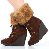 51I  WWVjJL. SL160  Liberate14 Lace Up Fur Mid Calf Wedge Boots BROWN