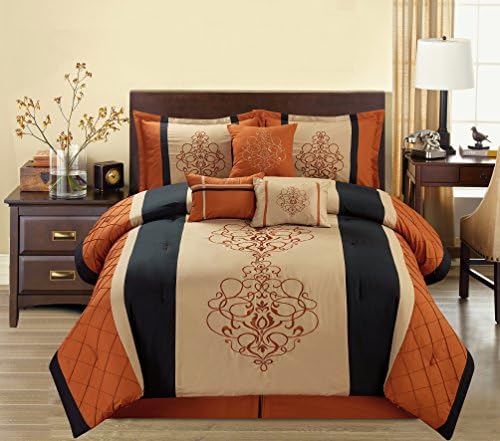KOZI CONCEPT Comforter Set with Embroidery, Queen Size, 7 Piece, Rusty & Black