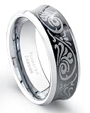 8 mm Tungsten Carbide Ring Black Plated Laser Etched Tribal Pattern Comfort Fit