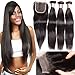 B&F Hair 7a Brazilian Virgin Straight Hair Weave 3 Bundles with 1 Piece 3 Part Lace Frontal Closure 100% Unprocessed Human Hair Extensions Natural Color