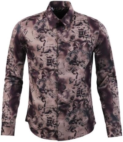 ThreeMT Men's Vintage Retro Floral Print Long Sleeve Pointed Collar Casual Shirt M