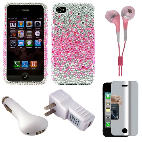 Best Price Pink Rhinestone Design Protective Two Piece Crystal Hard Case Cover for Verizon Wireless New iPhone 4 (16GB, 32GB) 4th Generation and AT&T iPhone 4 + Mirror Screen Protector for Apple iPhone 4 LCD Display Screen + USB Car Charger + USB Travel Wall Charger + Pink Hifi Noise Reducing Headphones / Earbuds
