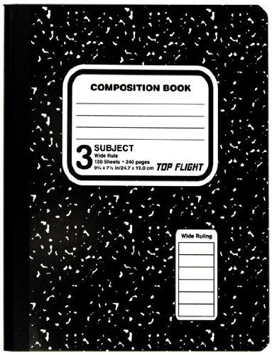 Top Flight Sewn 3-Subject Marble Composition Book, Wide Rule, 9.75 x 7.5 Inches, 120 Sheets, Black/White (11926) Top Flight Sewn 3-Subject Marble Composition Book, Wide Rule, 9.75 x 7.5 Inches, 120 Sheets, Black/White (11926)