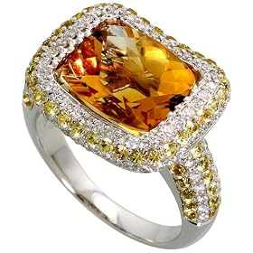 14k White Gold Ring 9/16" (14mm) wide, w/ 0.61 Carat Round Brilliant Diamonds, 1.10 Carats Quartz Stones & 3.72 Carats Citrine Stone
