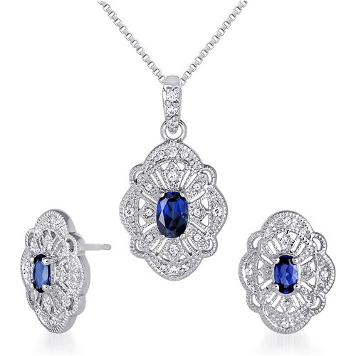 Childrens Toyshop  Jewelry : Guaranteed to bring you Compliments !!! 1.00 carat Oval Shape Created Blue Sapphire Pendant Earrings Set in Sterling Silver