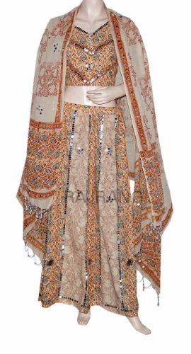 Mirror Work & Block Print Unique Design Skin Red Boho Bohemian Lehnga Choli with Sequins, Mirrors, Shells for Ladies Rajrang India