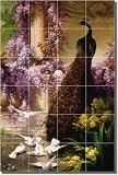 "A Peacock and Doves in a Garden" by Eugene Bidau - Ceramic Tile Mural 25.5" x 17" Kitchen Shower Backsplash
