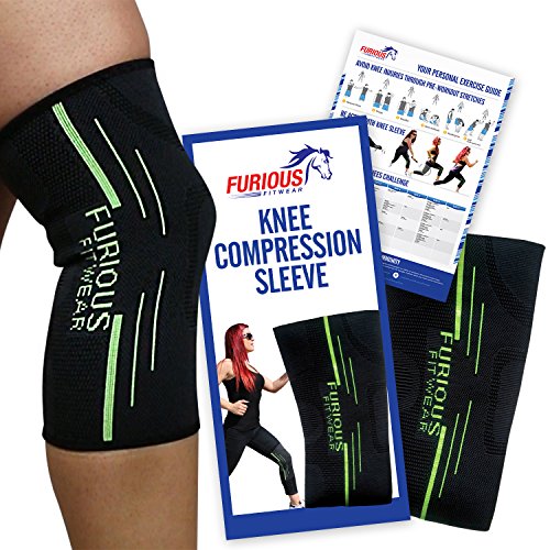 Furious Fitwear Knee Compression Sleeve for Running, Basketball, Weightlifting, Squats, Muscle Pain Recovery & Arthritis Support - 3-in-1 (Braces, Sleeves & Wraps) Benefits for Men & Women - Single
