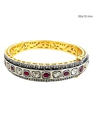 Coututrechics 14k Gold and 925 Sterling Silver 3.95 Ct Ruby Gemstone Rose Cut Diamond Bezel Setting Designer Wedding Vintage Bangle Bracelet Handmade Jewelry