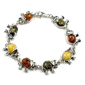 Multicolor Amber and Sterling Silver Elephant Bracelet, 7.5"